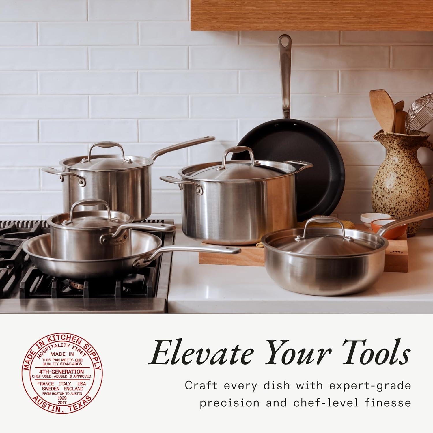 image:imageMade In Cookware 10 Piece Stainless Steel Pot and Pan Set 5 Ply Clad Includes Stainless Steel Frying Pans Saucepans Saucier and Stock Pot WLid Professional Cookware Crafted in Italy