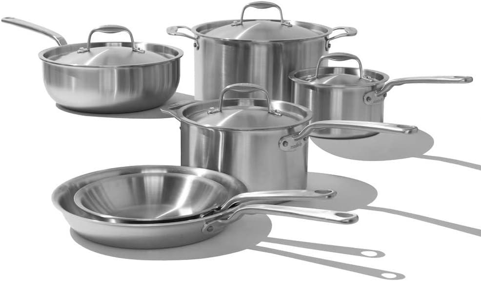 image:imageMade In Cookware 10 Piece Stainless Steel Pot and Pan Set 5 Ply Clad Includes Stainless Steel Frying Pans Saucepans Saucier and Stock Pot WLid Professional Cookware Crafted in Italy