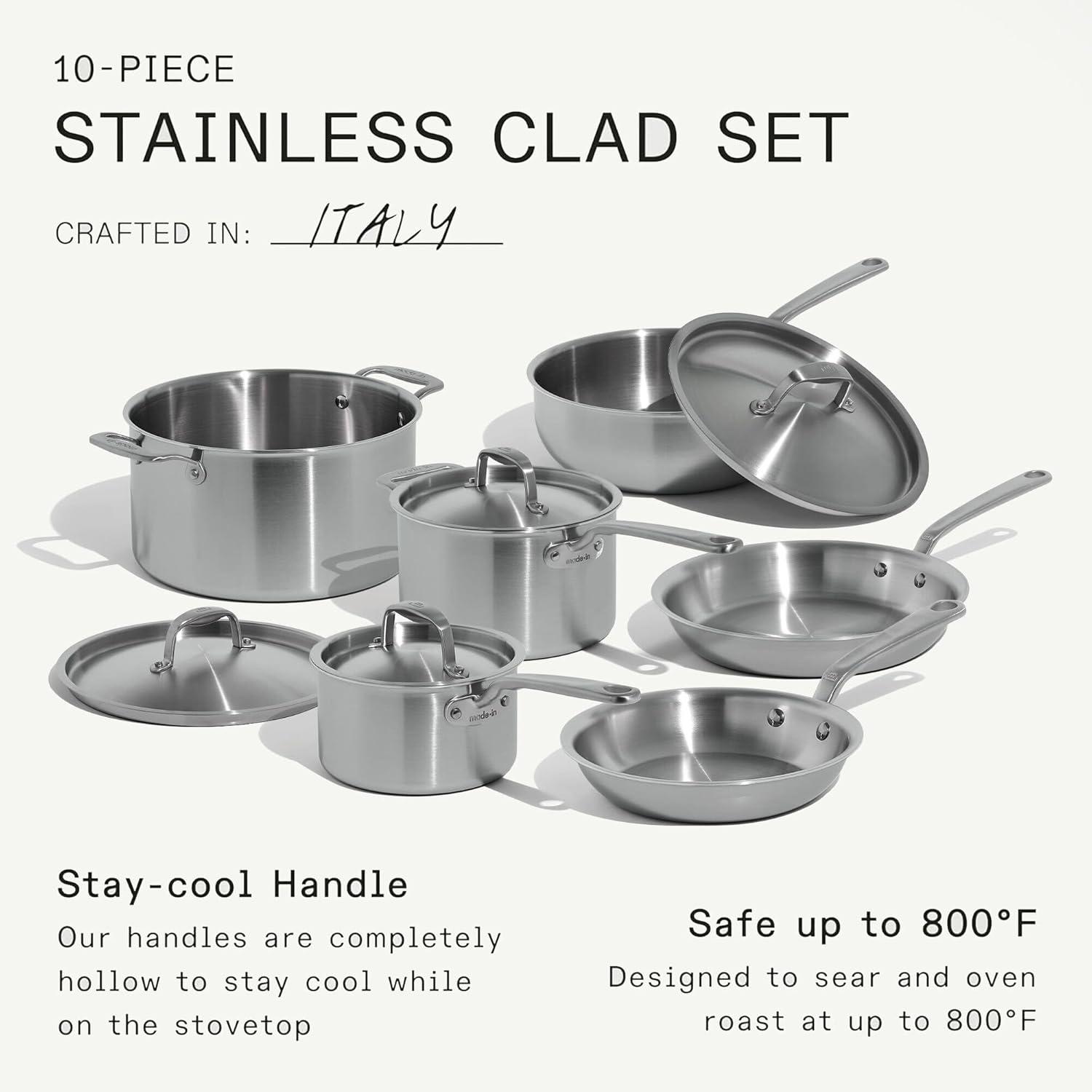 image:imageMade In Cookware 10 Piece Stainless Steel Pot and Pan Set 5 Ply Clad Includes Stainless Steel Frying Pans Saucepans Saucier and Stock Pot WLid Professional Cookware Crafted in Italy