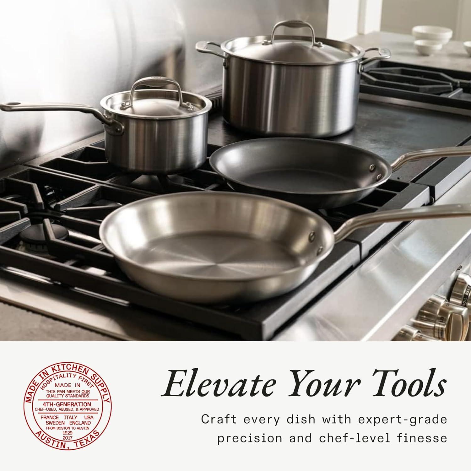 image:imageMade In Cookware 6 Pc Stainless Steel Cookware Set 5 ply Clad Includes Frying Pans Saucepan and Stock Pot Professional Grade Crafted in Italy Induction Compatible
