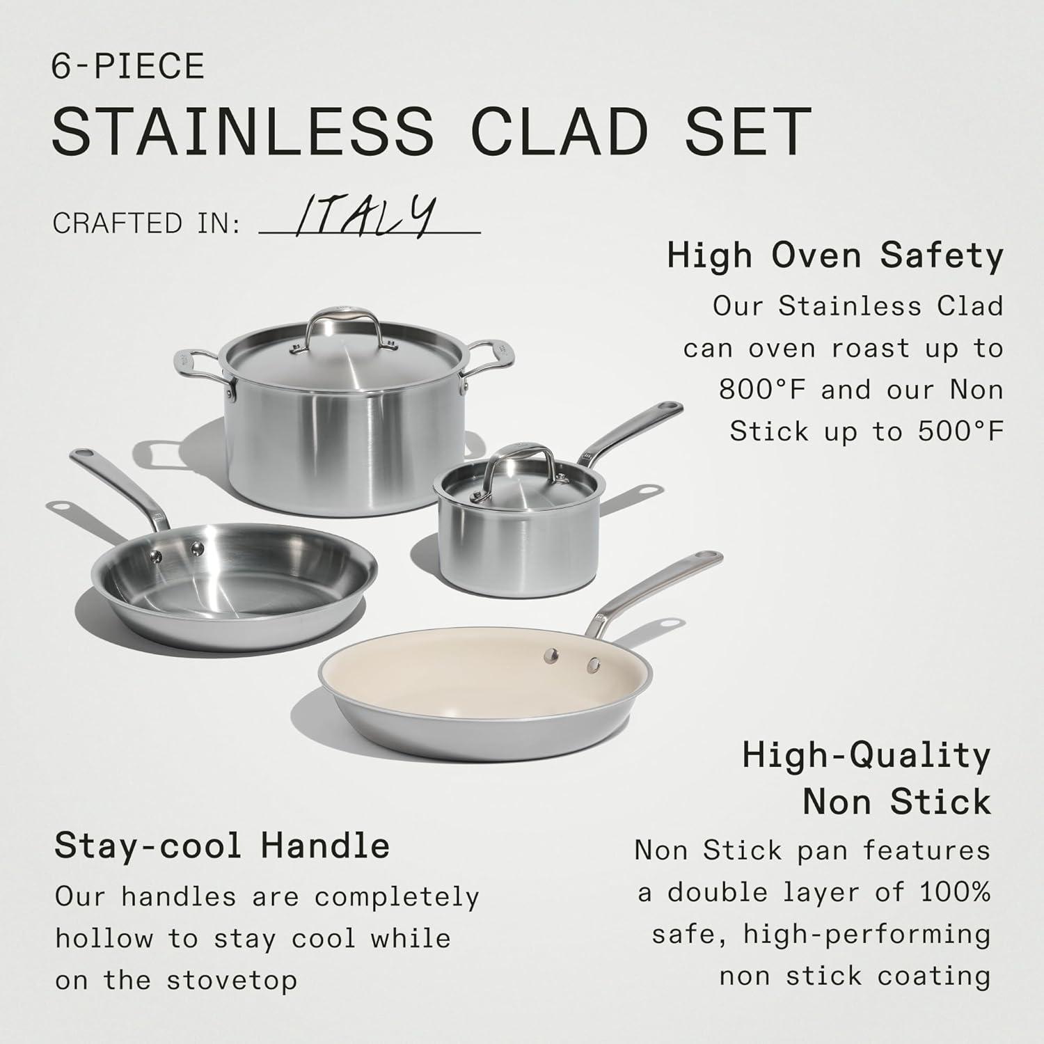 image:imageMade In Cookware 6 Pc Stainless Steel Cookware Set 5 ply Clad Includes Frying Pans Saucepan and Stock Pot Professional Grade Crafted in Italy Induction Compatible