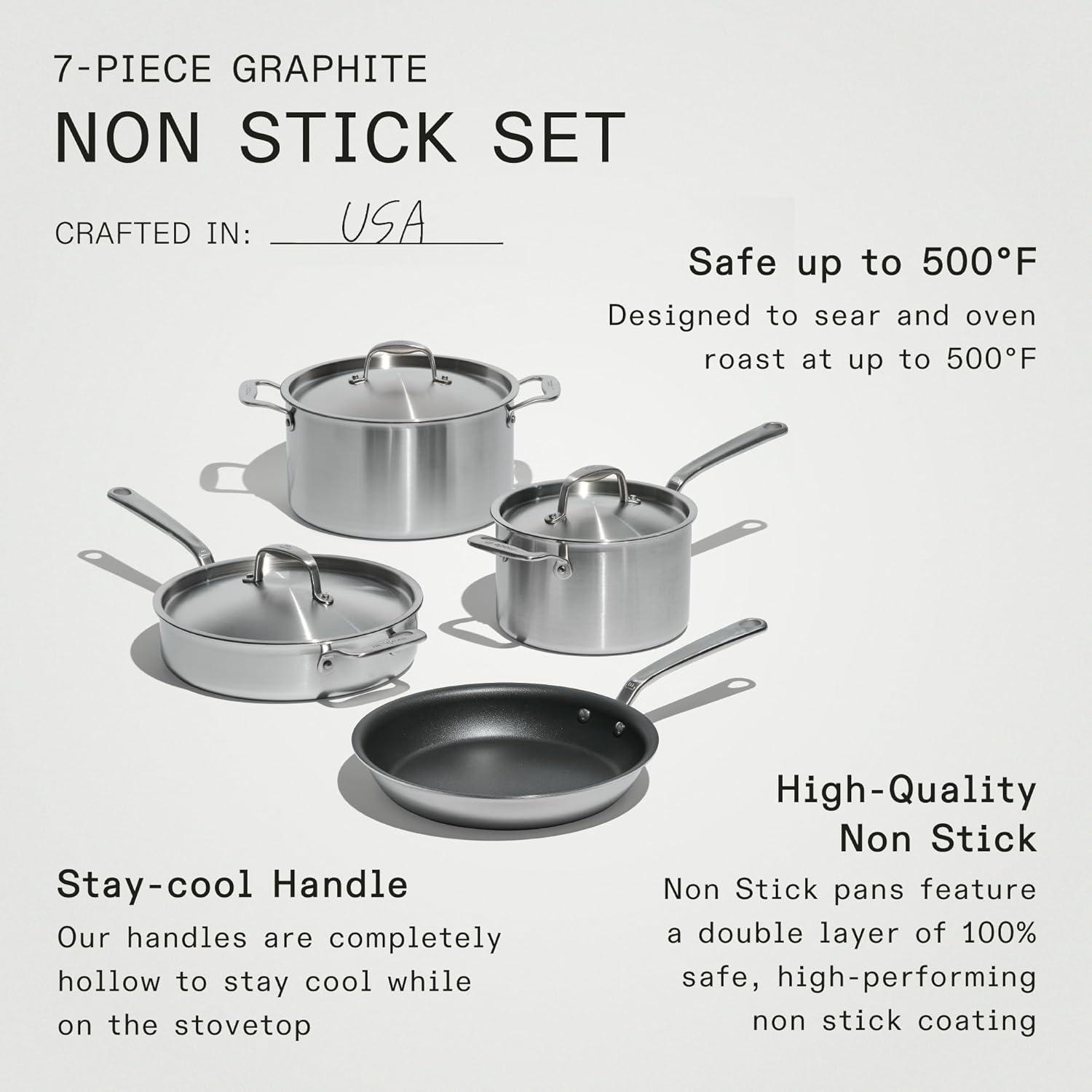 image:imageMade In Cookware 7 Piece ProCoat Non Stick Pot and Pan Set Graphite 5 Ply Stainless Clad Includes Stock Pot Saute Pan Saucepan and Frying Pan Professional Cookware Crafted in Italy