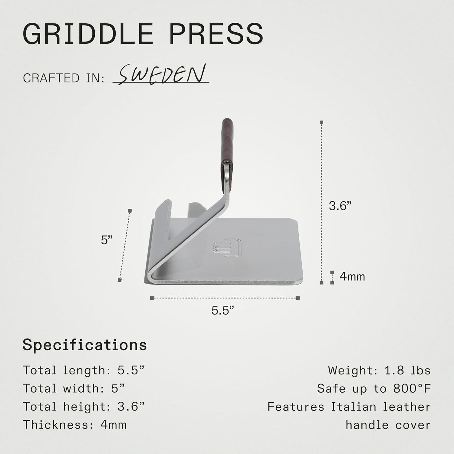 image:imageMade In Cookware Stainless Steel Grill Press Removable Leather Handle Cover Crafted in Sweden