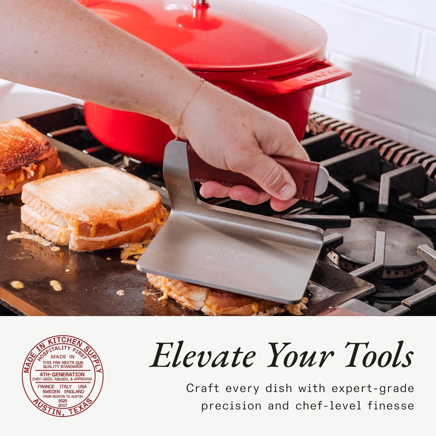 image:imageMade In Cookware Stainless Steel Grill Press Removable Leather Handle Cover Crafted in Sweden