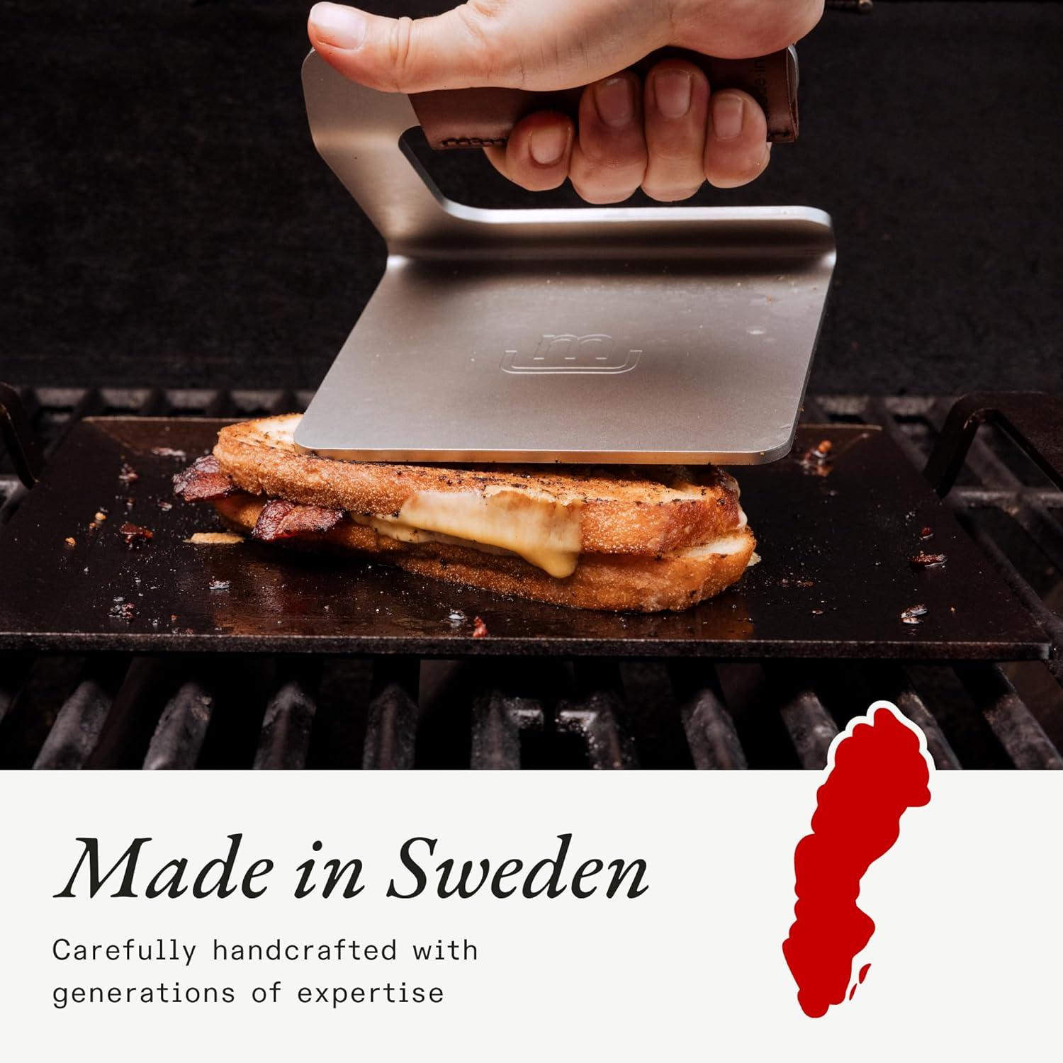 image:imageMade In Cookware Stainless Steel Grill Press Removable Leather Handle Cover Crafted in Sweden