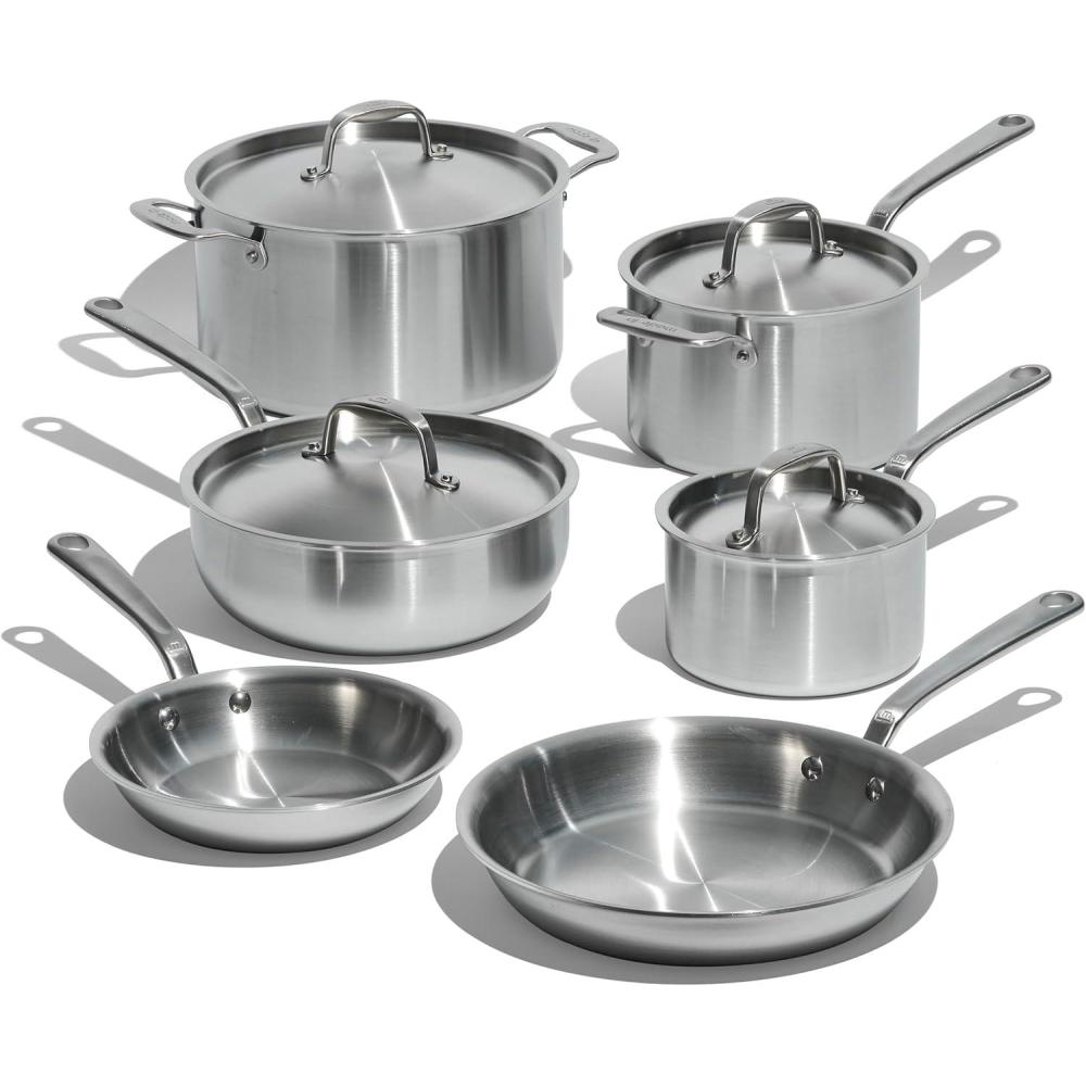 image:imageMade In Cookware 10 Piece Stainless Steel Pot and Pan Set 5 Ply Clad Includes Stainless Steel Frying Pans Saucepans Saucier and Stock Pot WLid Professional Cookware Crafted in Italy