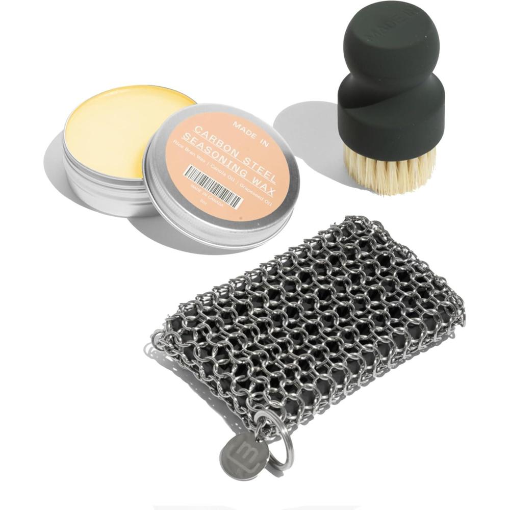 image:imageMade In Cookware  3Piece Carbon Steel Cleaning Set  Includes Chain Mail Scrubber Cleaning Brush and Carbon Steel Seasoning Wax