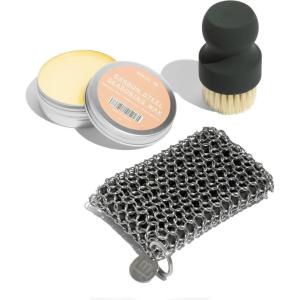 Made In Cookware – 3-Piece Carbon Steel Cleaning Set – Includes Chain Mail Scrubber, Cleaning Brush and Carbon Steel Seasoning Wax