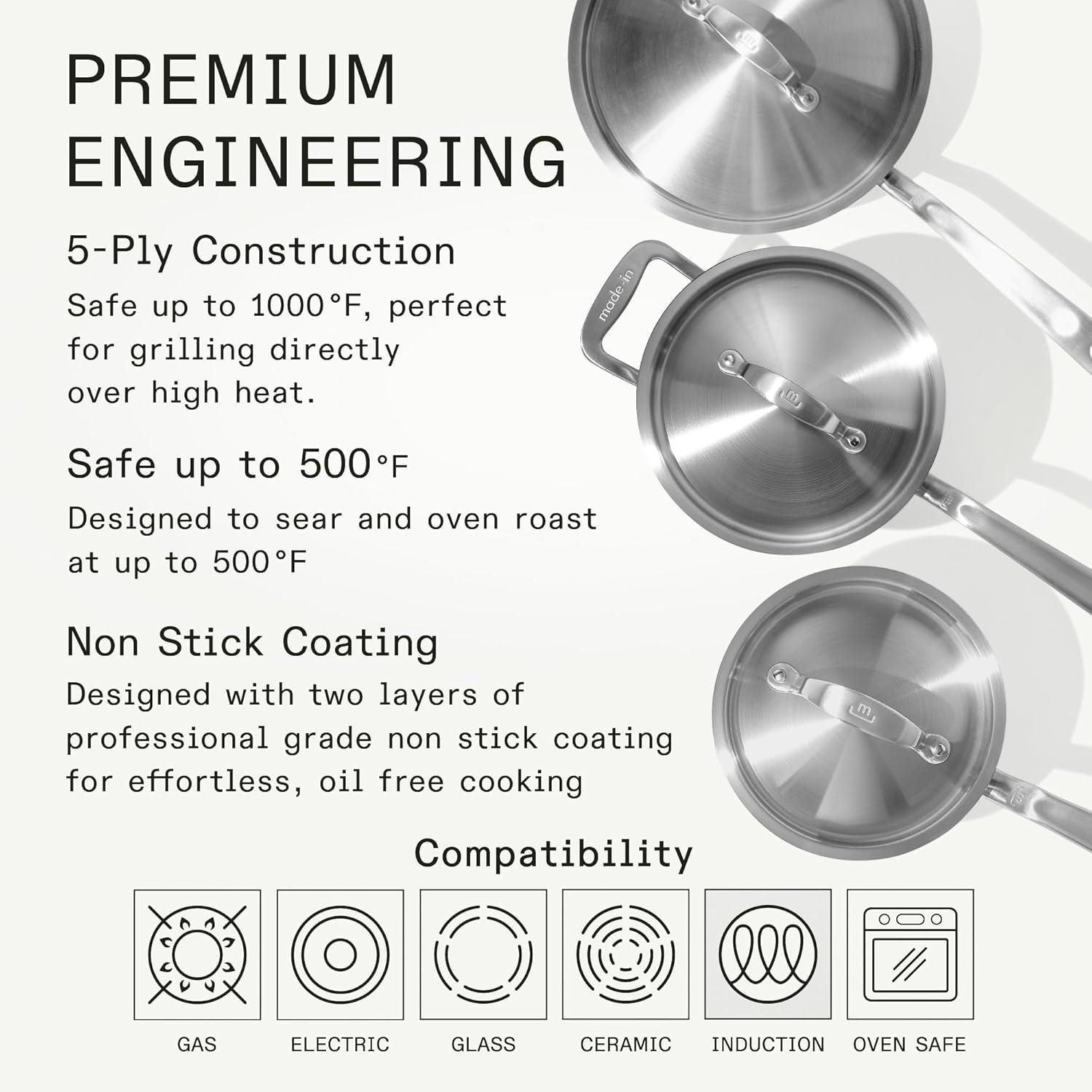 image:imageMade In Cookware 6 Piece Stainless Saucepan Set 5 Ply Clad Includes Stainless Steel Saucepans and Saucier with Lid Professional Cookware Crafted in Italy
