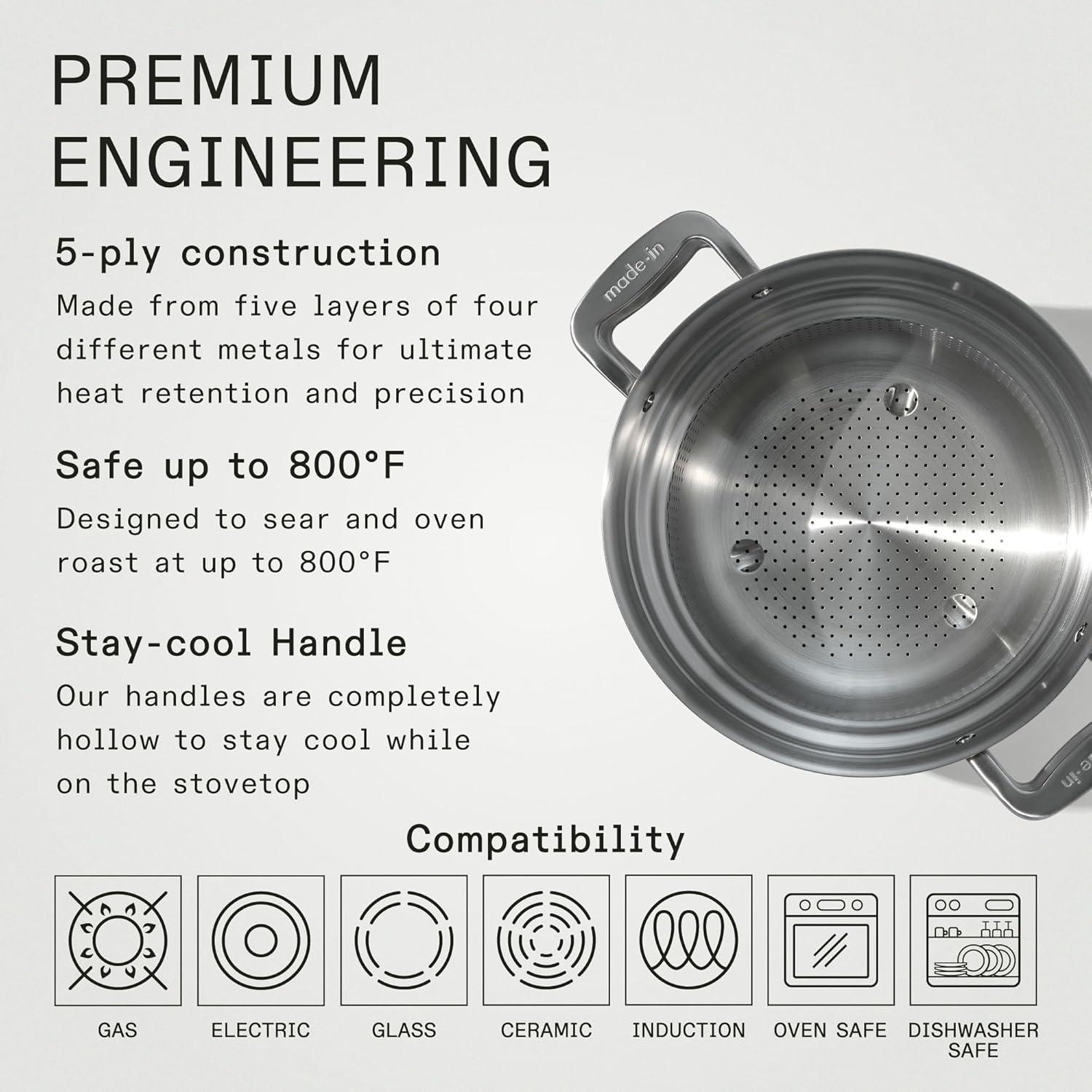 image:imageMade In Cookware 8 Quart Stainless Steel Stock Pot With Lid and Pasta Insert 5 Ply Stainless Clad Professional Cookware Crafted in Italy Induction Compatible8 Quart Stock Pot with Lid and Pasta Insert