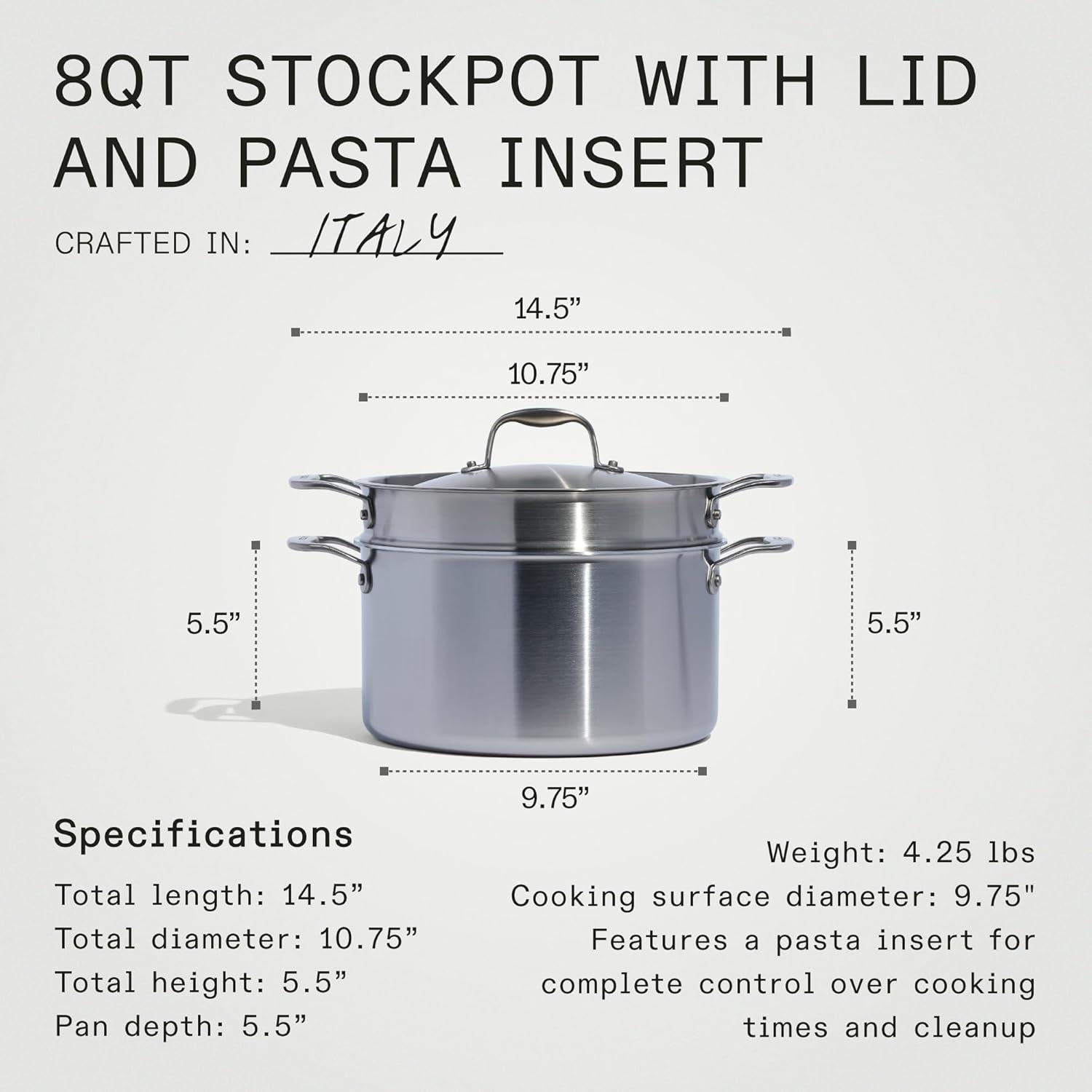 image:imageMade In Cookware 8 Quart Stainless Steel Stock Pot With Lid and Pasta Insert 5 Ply Stainless Clad Professional Cookware Crafted in Italy Induction Compatible8 Quart Stock Pot with Lid and Pasta Insert