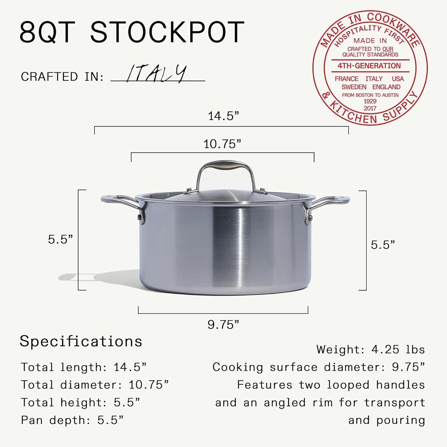 image:imageMade In Cookware 8 Quart Stainless Steel Stock Pot With Lid and Pasta Insert 5 Ply Stainless Clad Professional Cookware Crafted in Italy Induction Compatible8 Quart Stock Pot with Lid