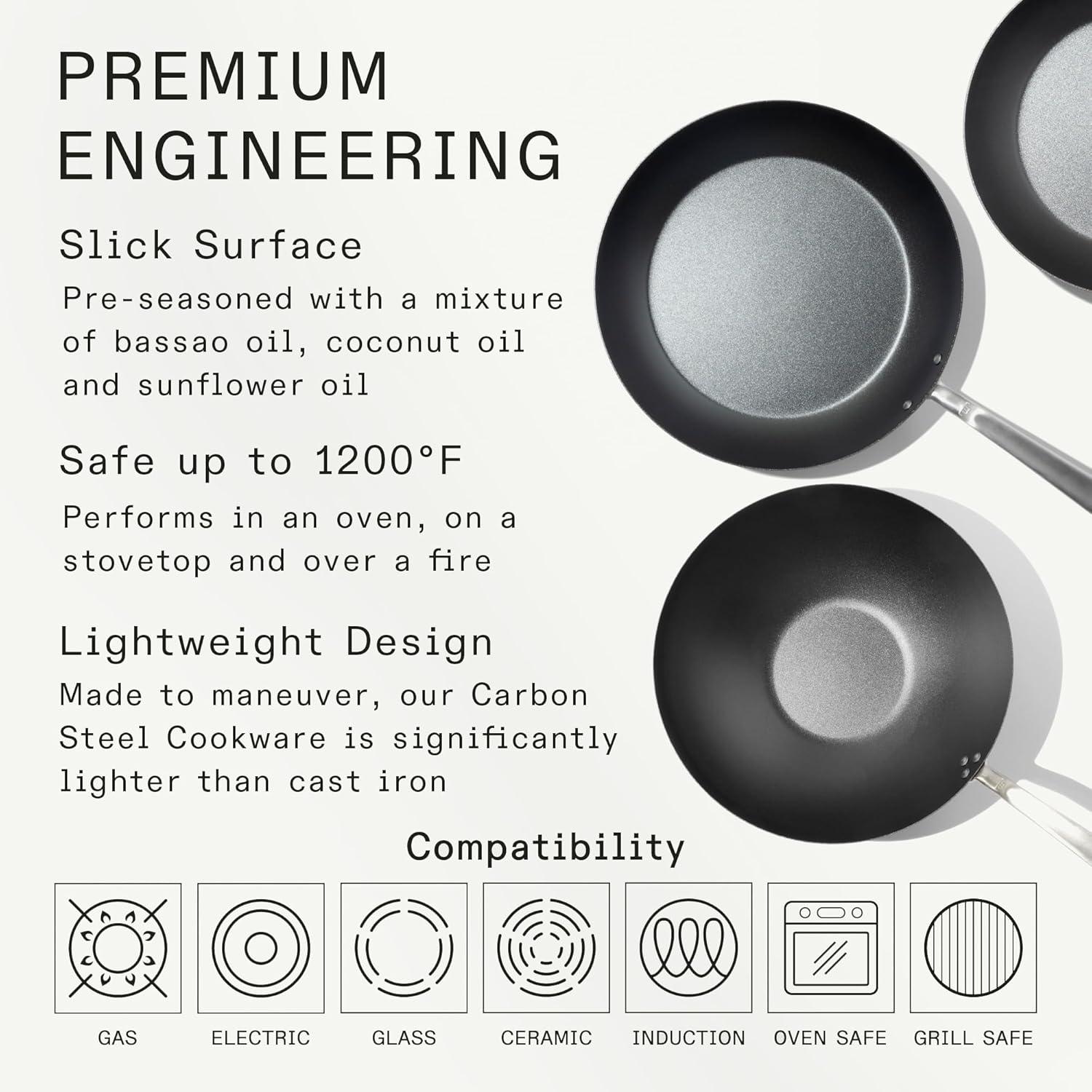 image:imageMade In Cookware Seasoned Carbon Steel Frying Pan Set Includes Frying Pans and Wok Like Cast Iron but Better Professional Cookware Crafted in Sweden Induction Compatible