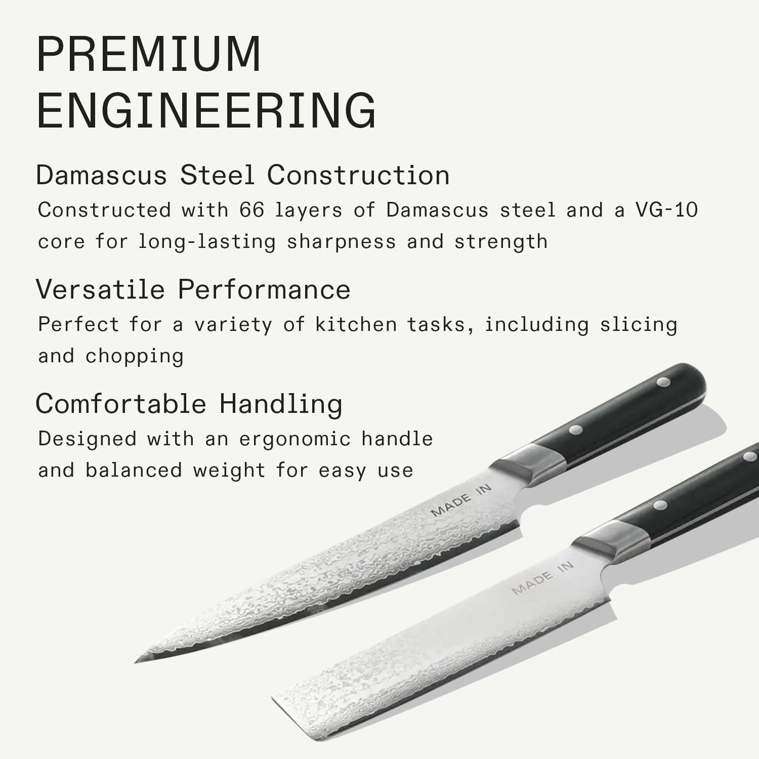 image:imageMade In Cookware 2piece Japanese Damascus Steel Knife Set Includes Gyuto and Nakiri 66 Layers of Damascus Steel with a VG10 Core Crafted in Japan Full Tang With Black POM Handle