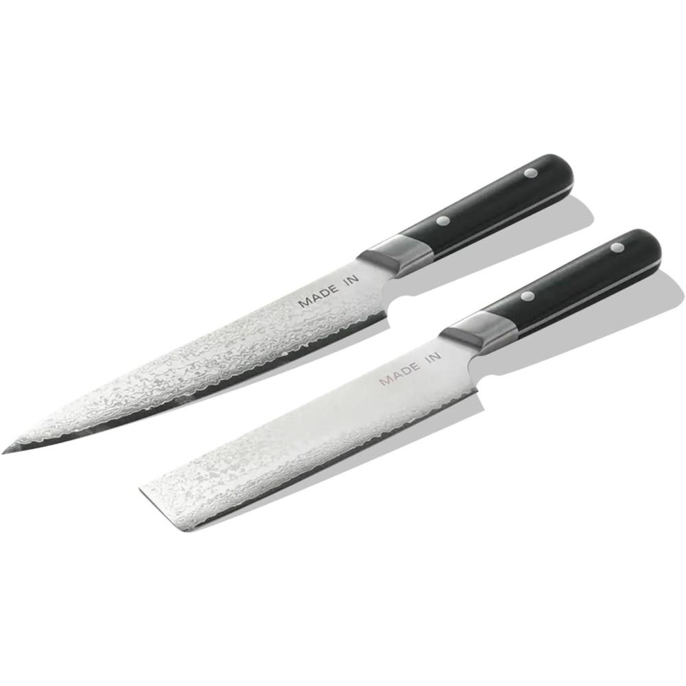 image:imageMade In Cookware 2piece Japanese Damascus Steel Knife Set Includes Gyuto and Nakiri 66 Layers of Damascus Steel with a VG10 Core Crafted in Japan Full Tang With Black POM Handle