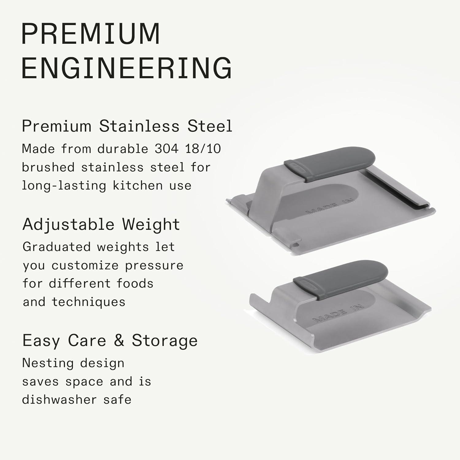 image:imageMade In Cookware 2Piece Weighted Press Set 304 Stainless Steel Graduated Weights Silicone Handles and Nesting Storage
