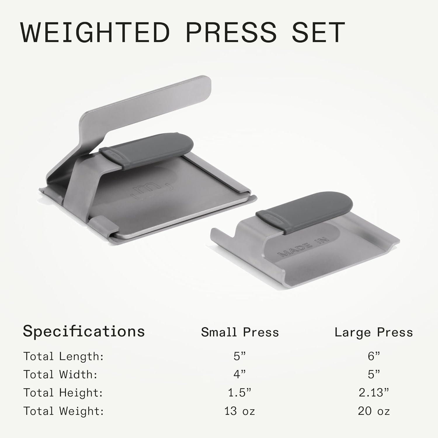image:imageMade In Cookware 2Piece Weighted Press Set 304 Stainless Steel Graduated Weights Silicone Handles and Nesting Storage