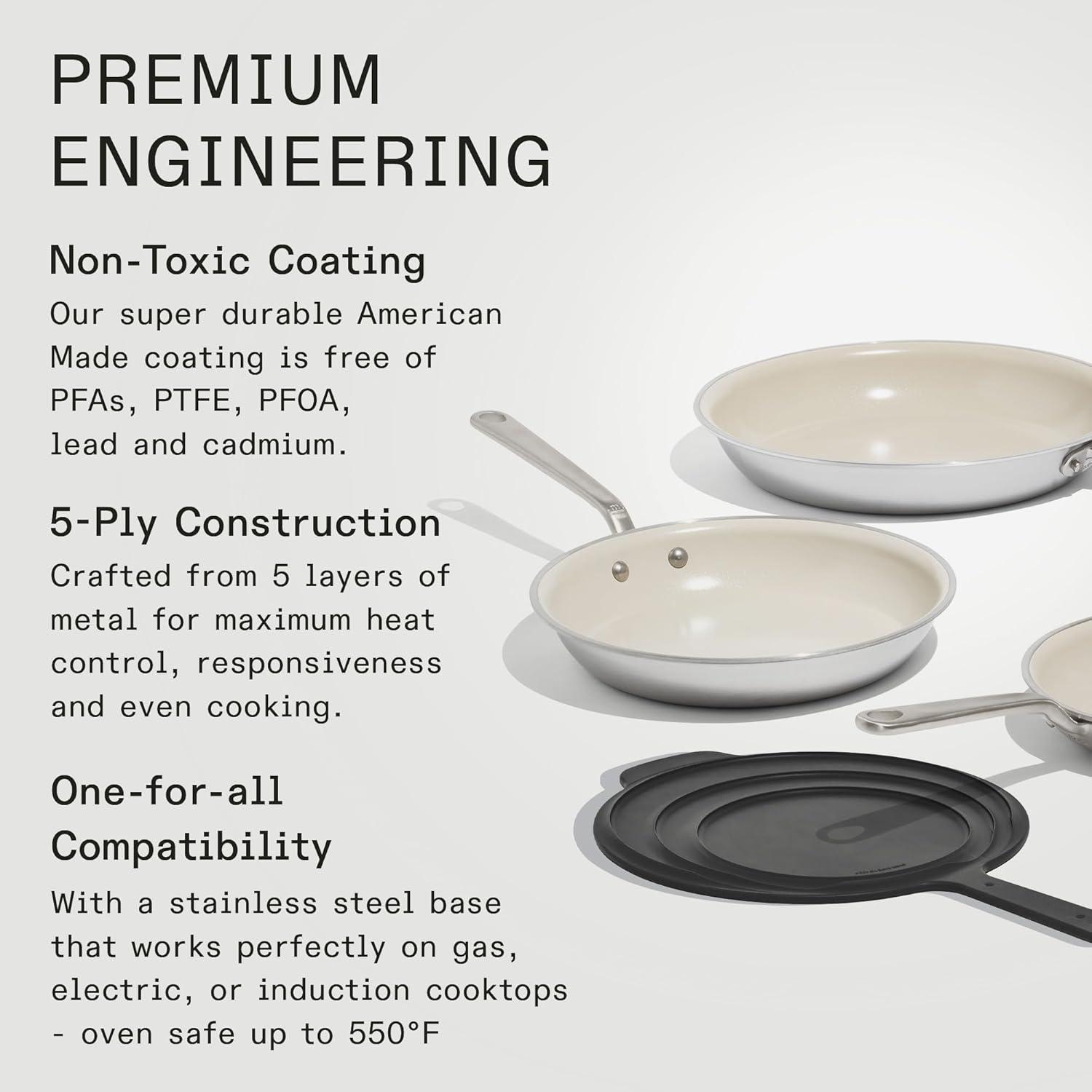 image:imageMade In Cookware 3Piece Ceramic Frying Pan Set with Universal Silicone Lid 5 Ply Stainless Clad Professional Cookware Induction Compatible
