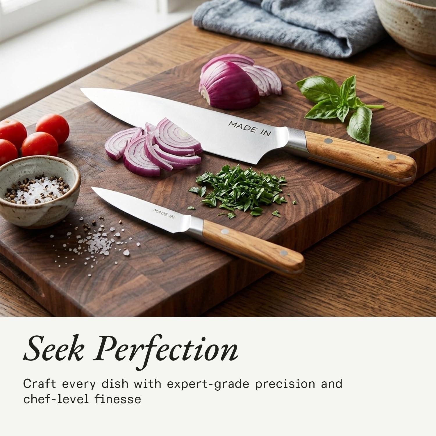 image:imageMade In Cookware 3Piece Knife Set Includes Chef Knife Bread Knife and Paring Knife Full Tang With Truffle Black Handle FranceOlive Wood