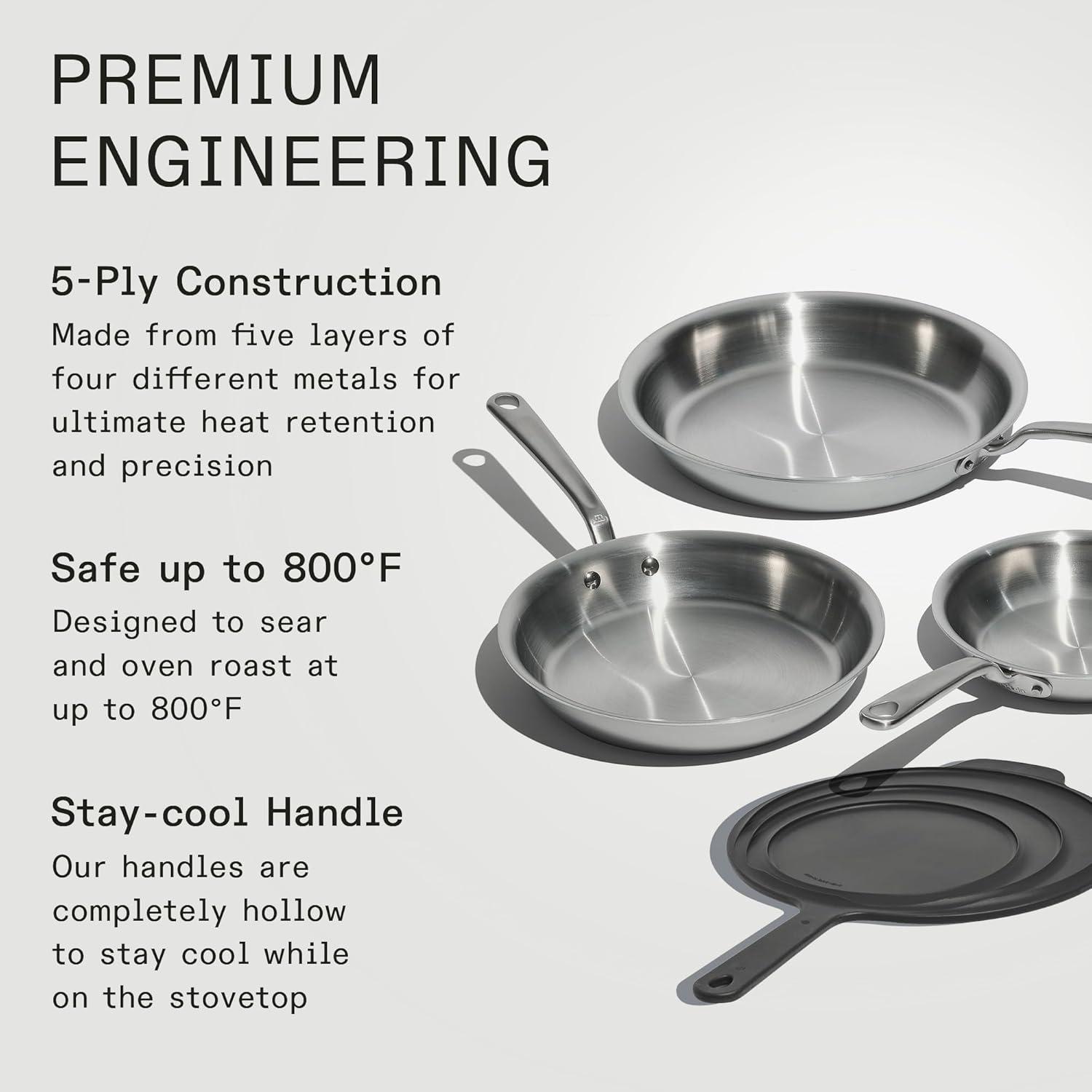 image:imageMade In Cookware 3Piece Stainless Clad Frying Pan Set with Universal Silicone Lid 5 Ply Stainless Clad Professional Cookware Crafted in Italy Induction Compatible