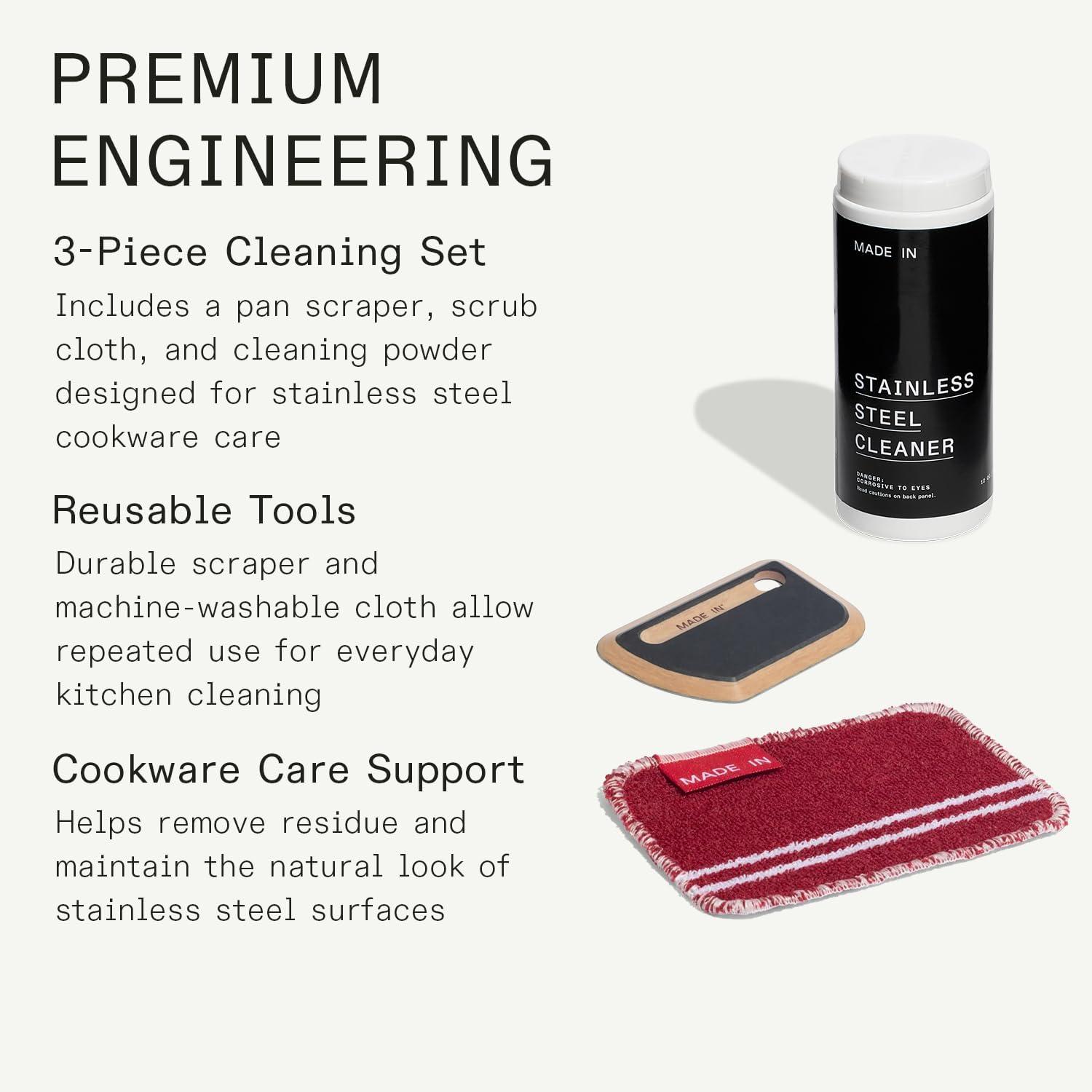 image:imageMade In Cookware 3Piece Stainless Steel Cleaning Set Includes Pan Scraper Scrub Cloth amp Stainless Steel Cleaner Complete Cleaning System Crafted in USA
