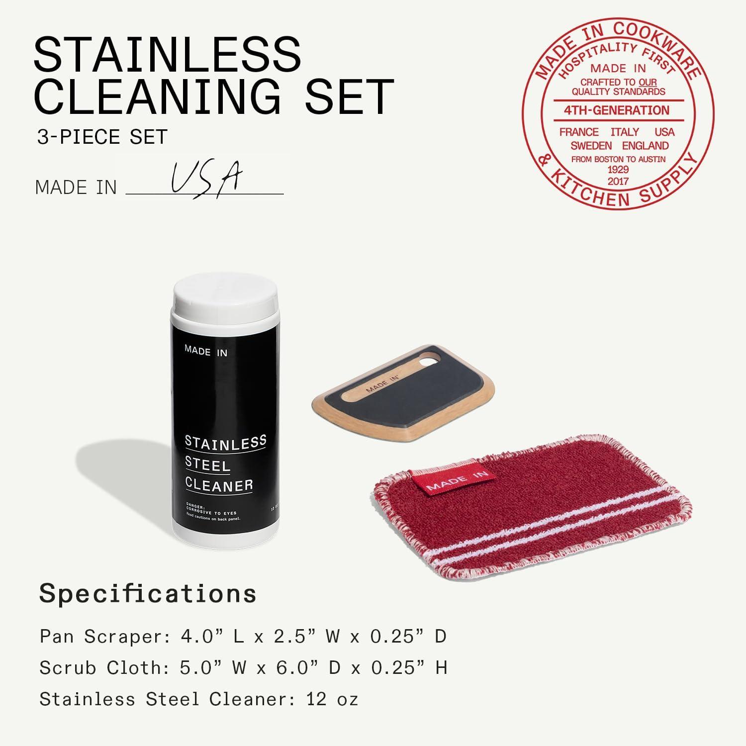 image:imageMade In Cookware 3Piece Stainless Steel Cleaning Set Includes Pan Scraper Scrub Cloth amp Stainless Steel Cleaner Complete Cleaning System Crafted in USA