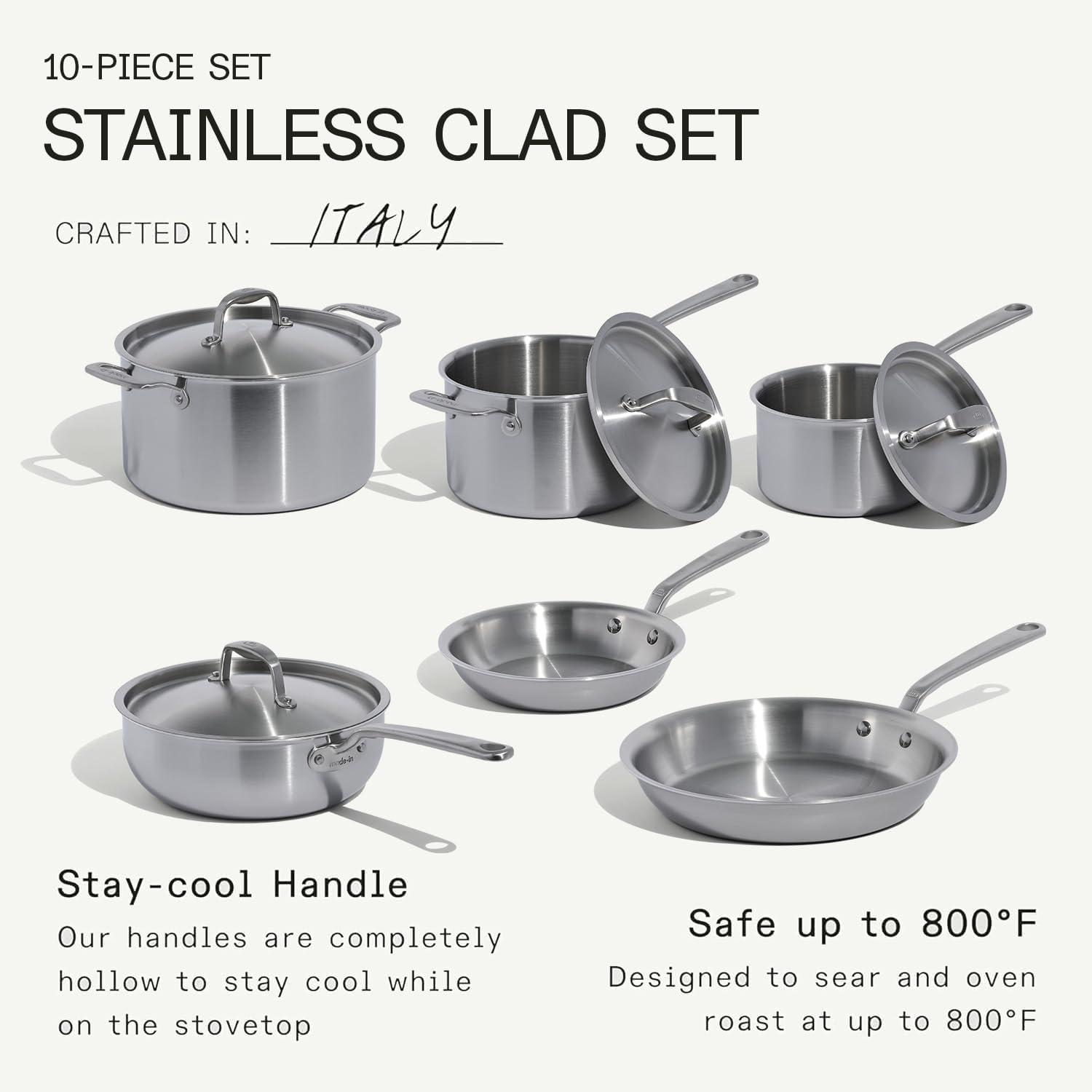 image:imageMade In Cookware 5 Pc Stainless Steel Cookware Set 5 Ply Clad Includes Stainless Steel Frying Pan Saucepan and Saucier with Lid Professional Cookware Crafted in Italy10Piece