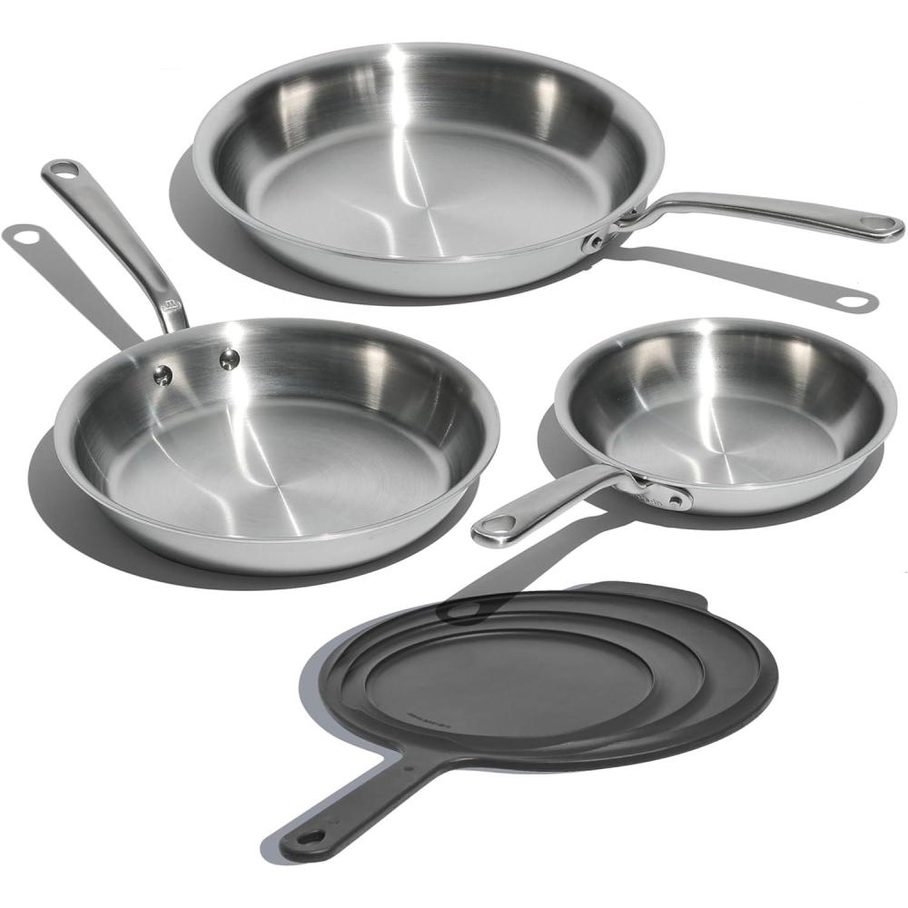 image:imageMade In Cookware 3Piece Stainless Clad Frying Pan Set with Universal Silicone Lid 5 Ply Stainless Clad Professional Cookware Crafted in Italy Induction Compatible