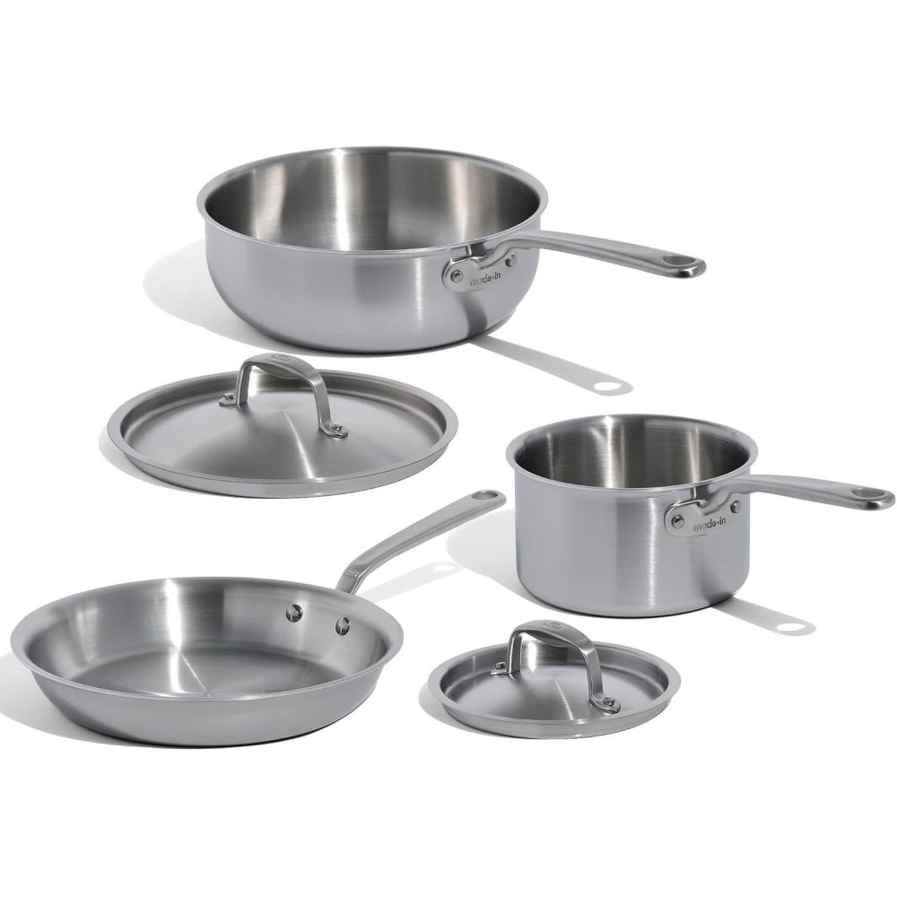 image:imageMade In Cookware 5 Pc Stainless Steel Cookware Set 5 Ply Clad Includes Stainless Steel Frying Pan Saucepan and Saucier with Lid Professional Cookware Crafted in Italy5Piece