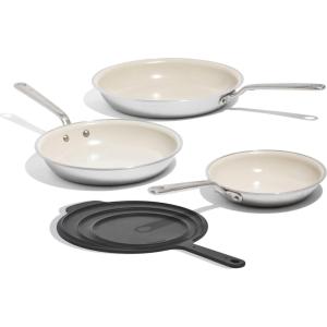 Made In Cookware – 3-Piece Ceramic Frying Pan Set with Universal Silicone Lid – 5 Ply Stainless Clad – Professional Cookware – Induction Compatible