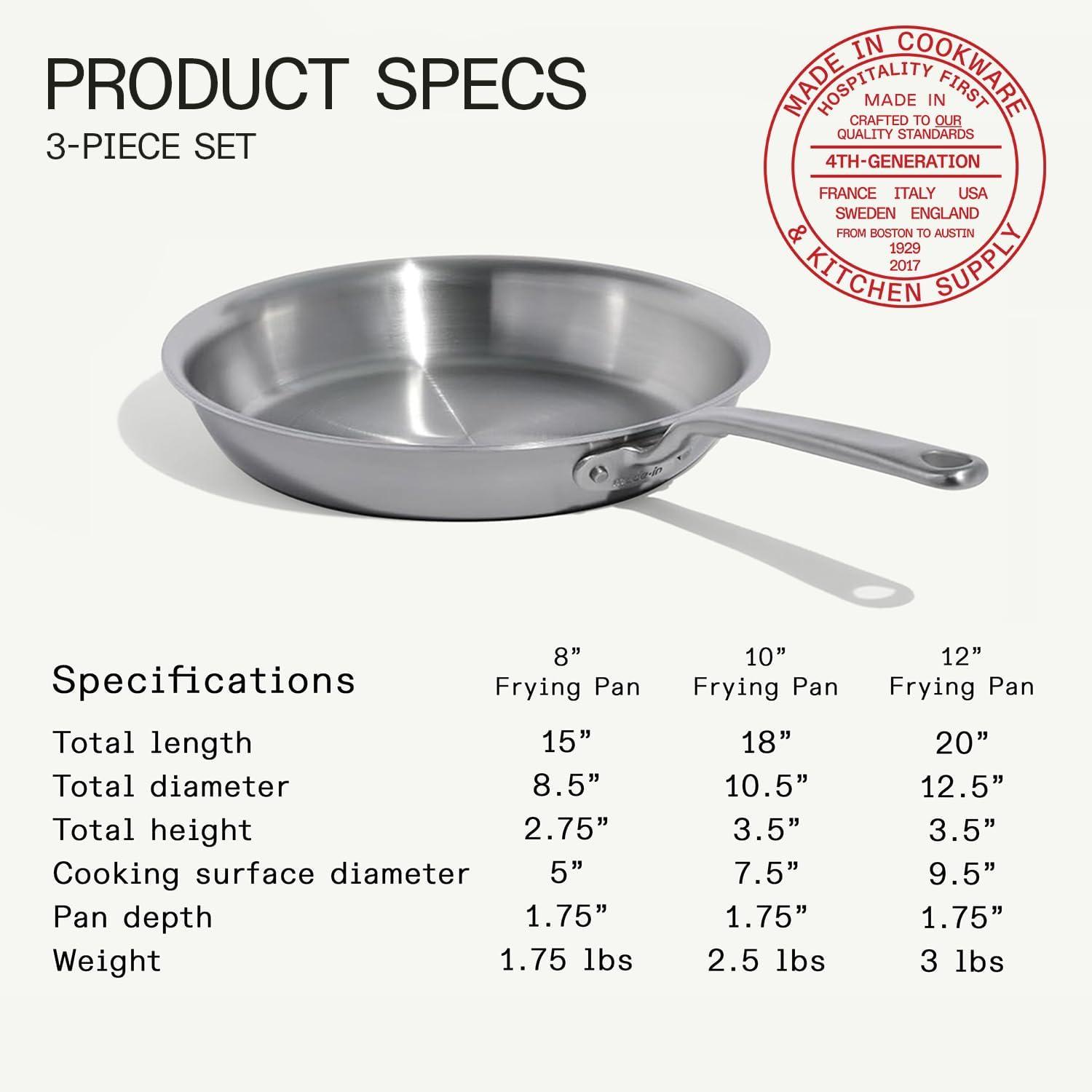 image:imageMade In Cookware 10Inch Stainless Steel Frying Pan With Lid 5 Ply Stainless Clad Professional Cookware Crafted in Italy Induction Compatible3 Piece Set Includes 8 10 12
