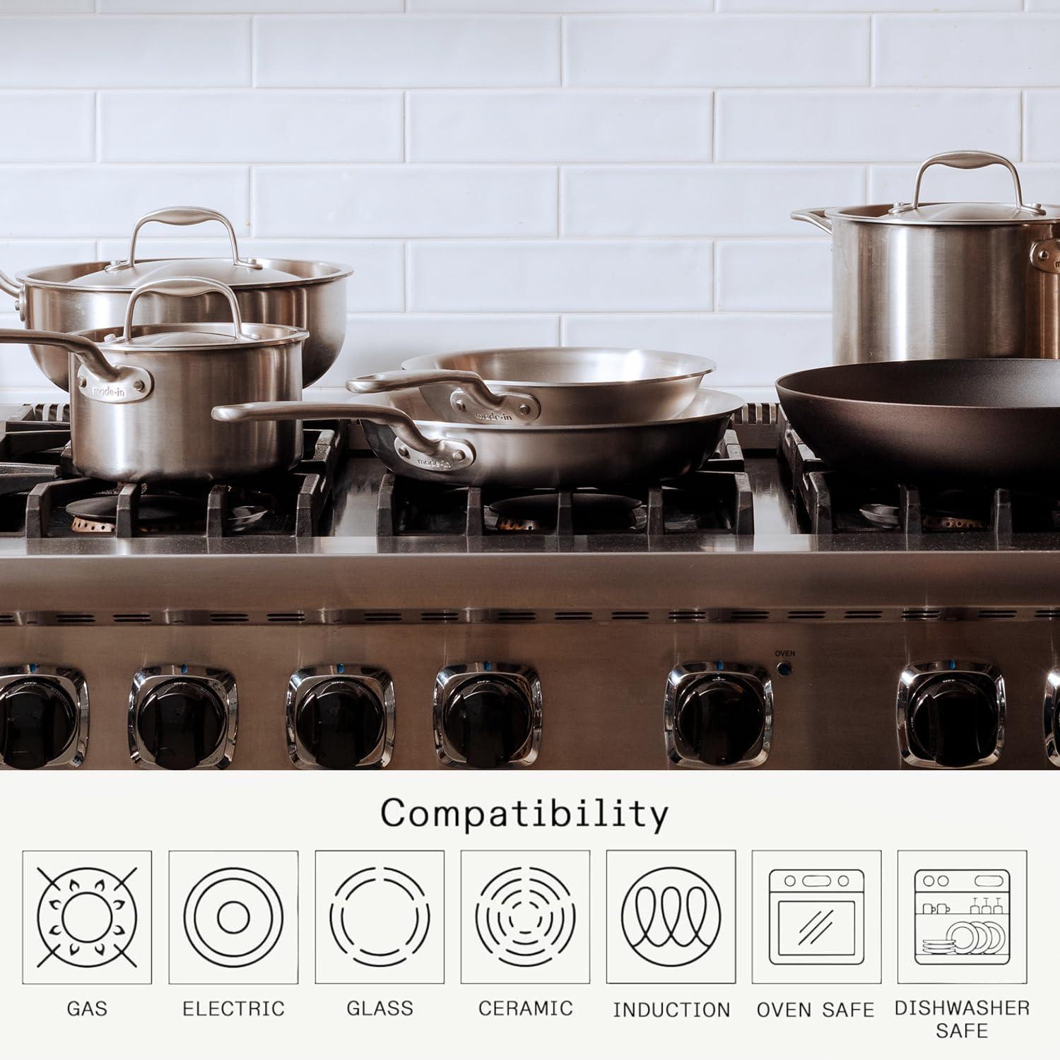 image:imageMade In Cookware 7 Piece Stainless Steel Cookware Set 5Ply Stainless Clad Includes Frying Pan Saucepan Saute Pan Stock Pot Professional Cookware Crafted in Italy Induction Compatible10Piece