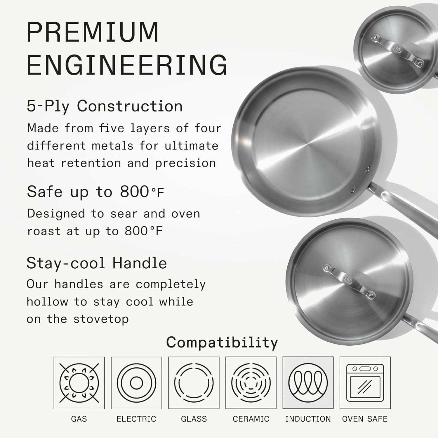 image:imageMade In Cookware 7 Piece Stainless Steel Cookware Set 5Ply Stainless Clad Includes Frying Pan Saucepan Saute Pan Stock Pot Professional Cookware Crafted in Italy Induction Compatible5Piece