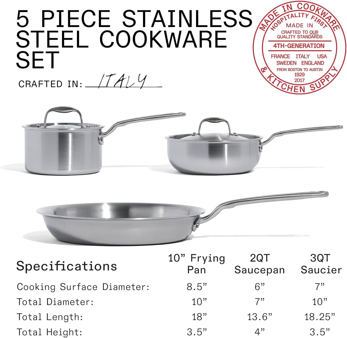 image:imageMade In Cookware 7 Piece Stainless Steel Cookware Set 5Ply Stainless Clad Includes Frying Pan Saucepan Saute Pan Stock Pot Professional Cookware Crafted in Italy Induction Compatible5Piece