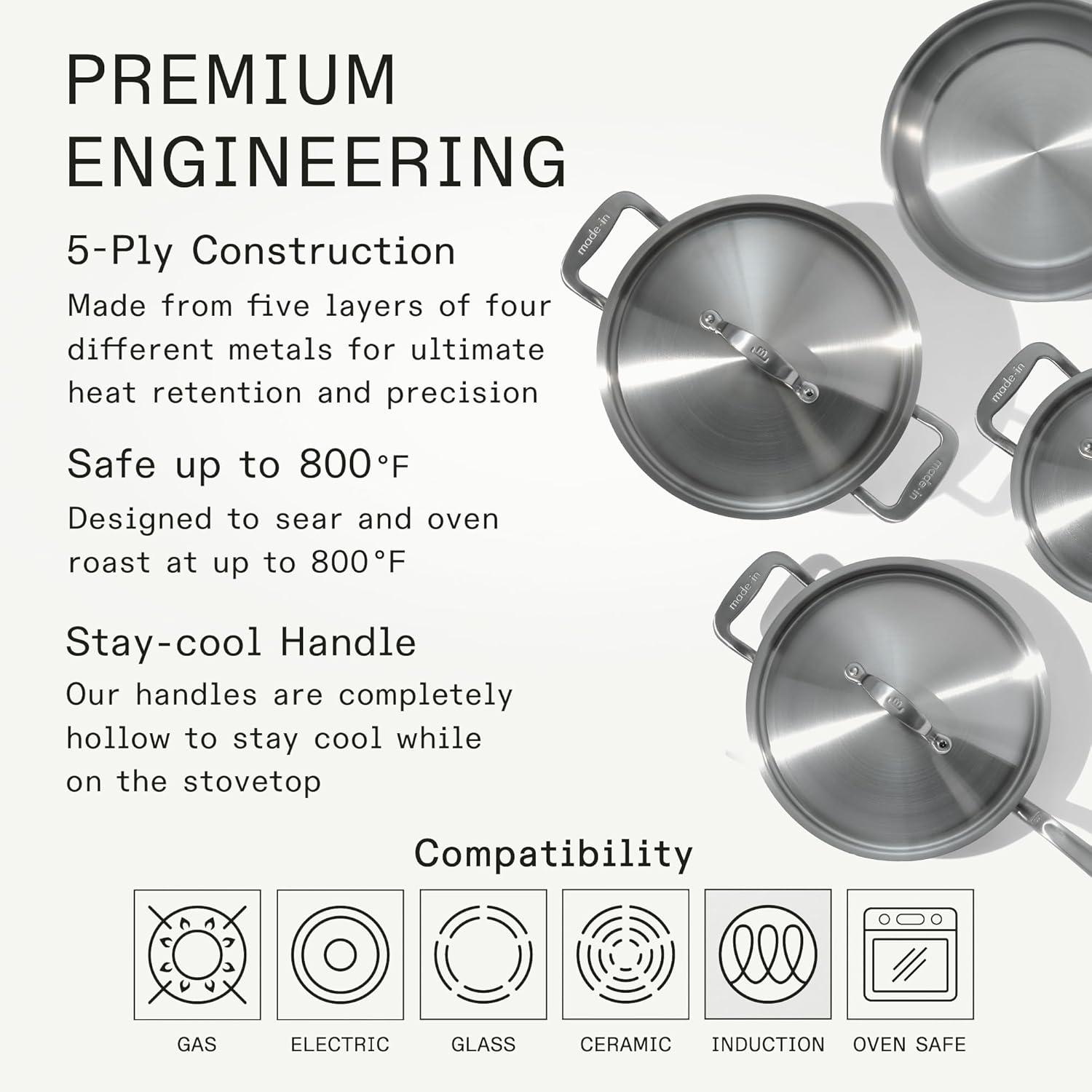 image:imageMade In Cookware 7 Piece Stainless Steel Cookware Set 5Ply Stainless Clad Includes Frying Pan Saucepan Saute Pan Stock Pot Professional Cookware Crafted in Italy Induction Compatible7Piece