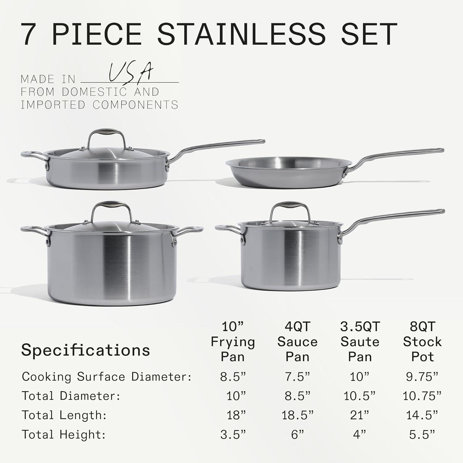 image:imageMade In Cookware 7 Piece Stainless Steel Cookware Set 5Ply Stainless Clad Includes Frying Pan Saucepan Saute Pan Stock Pot Professional Cookware Crafted in Italy Induction Compatible7Piece