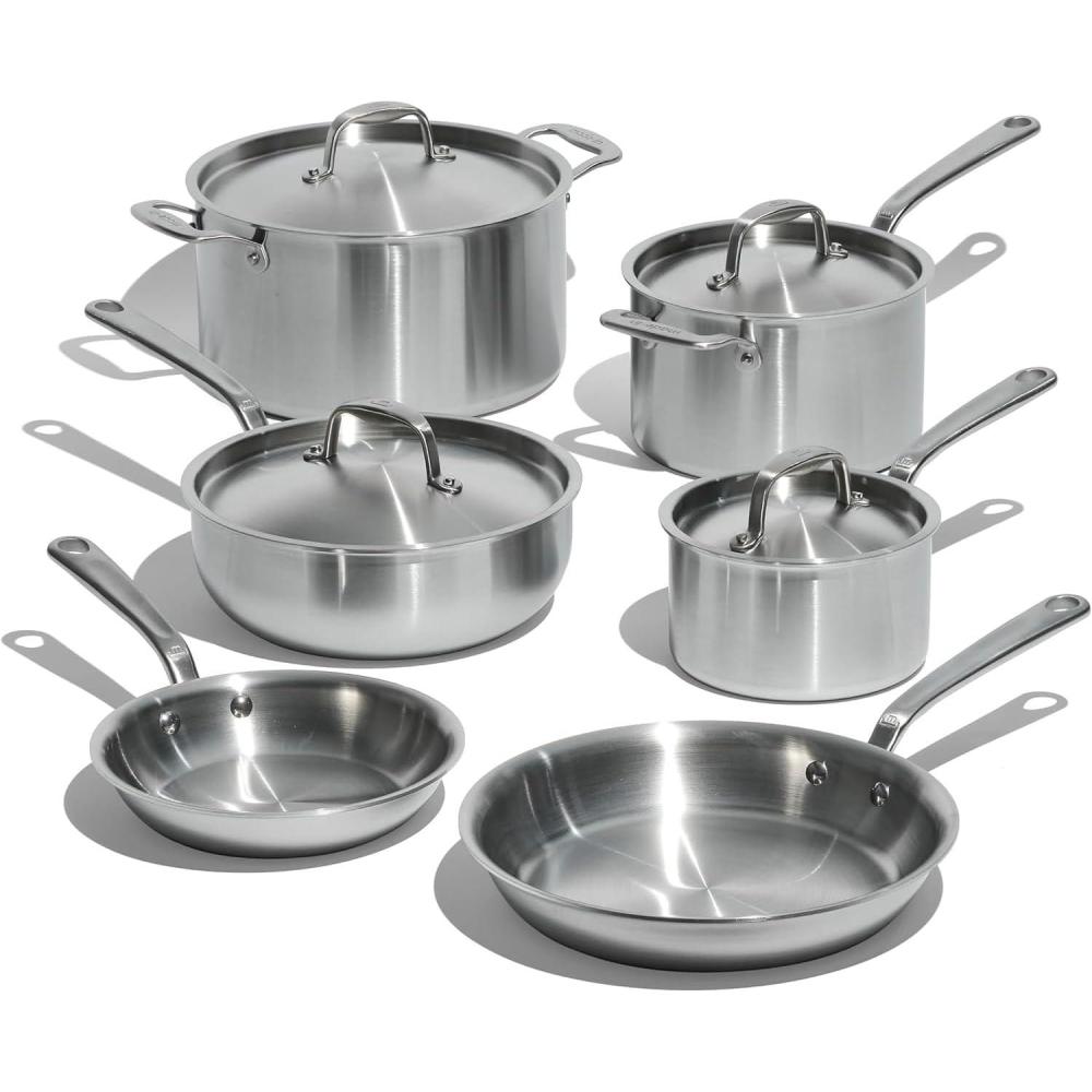 image:imageMade In Cookware 7 Piece Stainless Steel Cookware Set 5Ply Stainless Clad Includes Frying Pan Saucepan Saute Pan Stock Pot Professional Cookware Crafted in Italy Induction Compatible10Piece