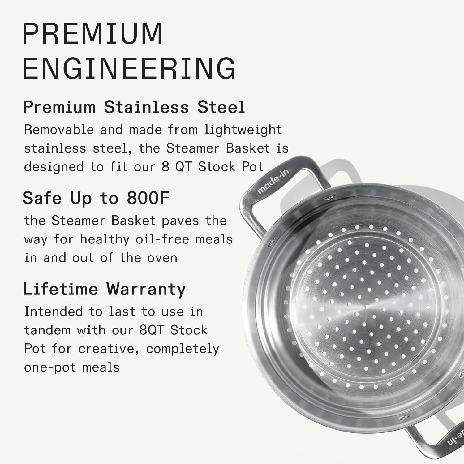 image:imageMade In Cookware 10 Stainless Steel Steamer Insert Pot Strainer 8 Quart Compatible 5 Ply Stainless Clad Professional Cookware
