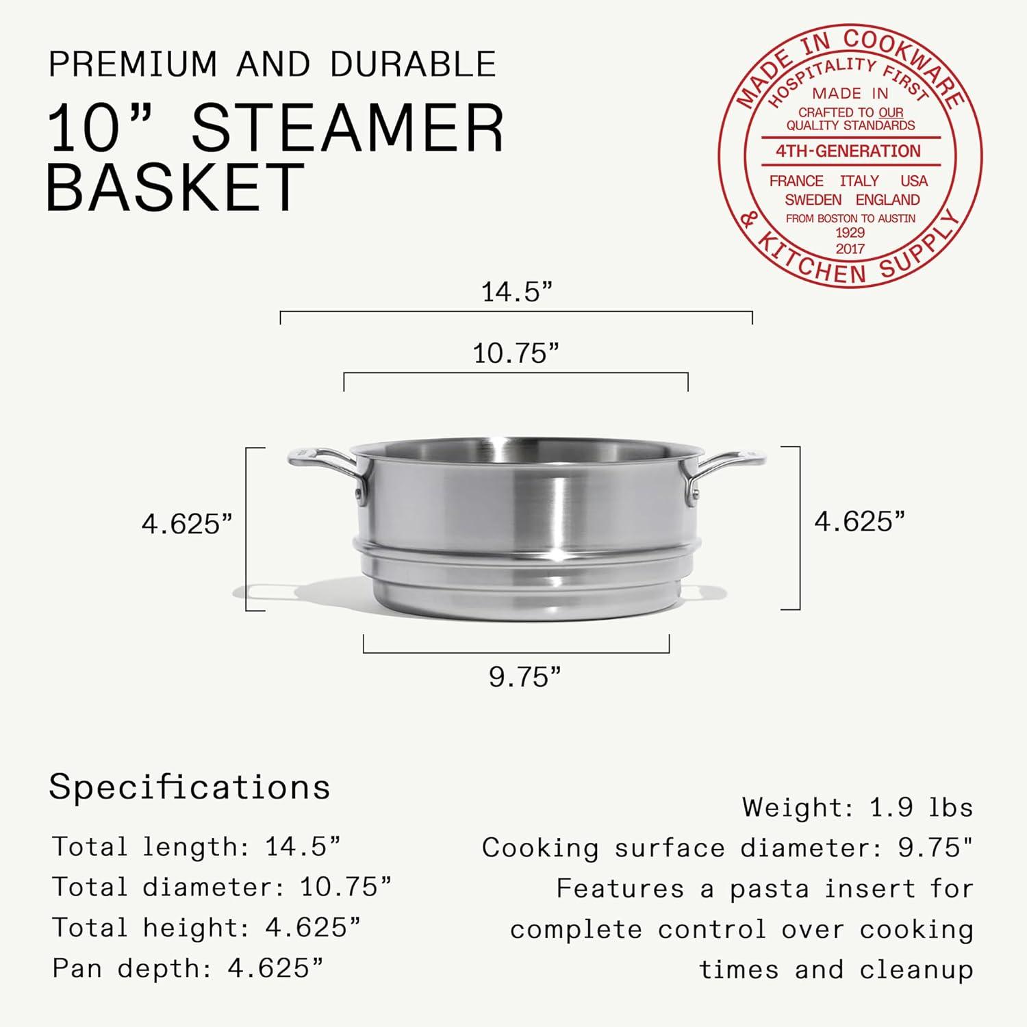 image:imageMade In Cookware 10 Stainless Steel Steamer Insert Pot Strainer 8 Quart Compatible 5 Ply Stainless Clad Professional Cookware