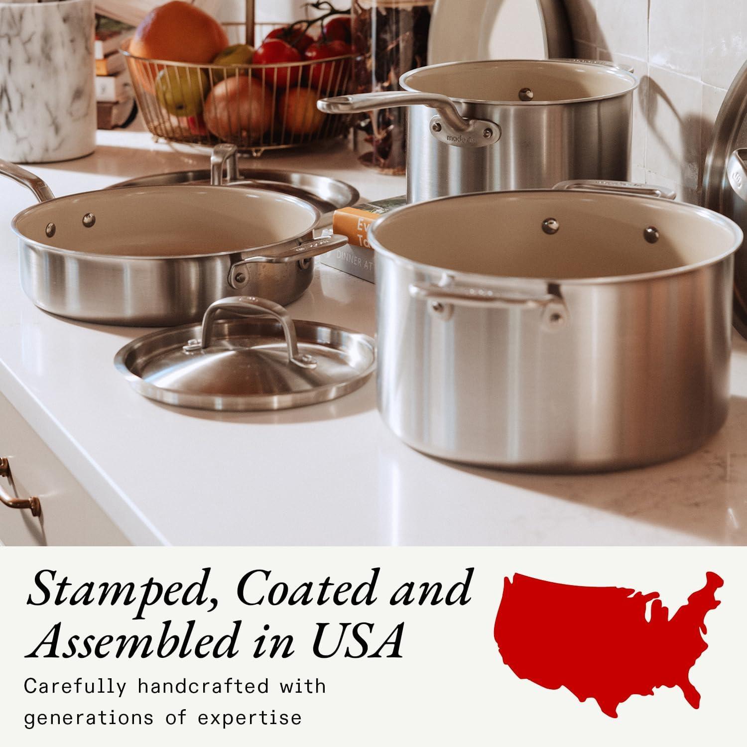 image:imageMade In Cookware 5 Pc Ceramic Non Stick Cookware Set 5 Ply Clad Includes Ceramic Non Stick Frying Pan Saucepan and Saucier with Lid Professional Cookware