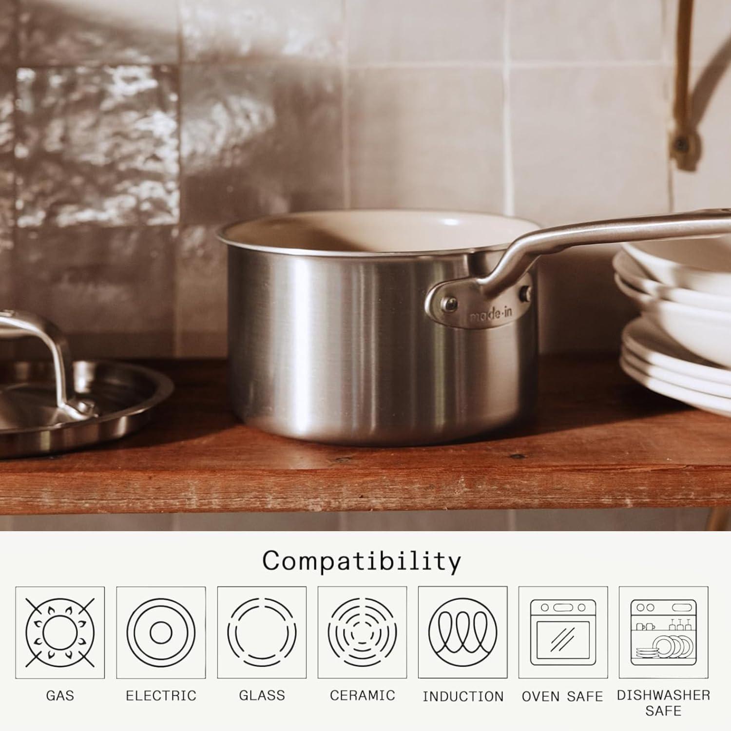 image:imageMade In Cookware 5 Pc Ceramic Non Stick Cookware Set 5 Ply Clad Includes Ceramic Non Stick Frying Pan Saucepan and Saucier with Lid Professional Cookware