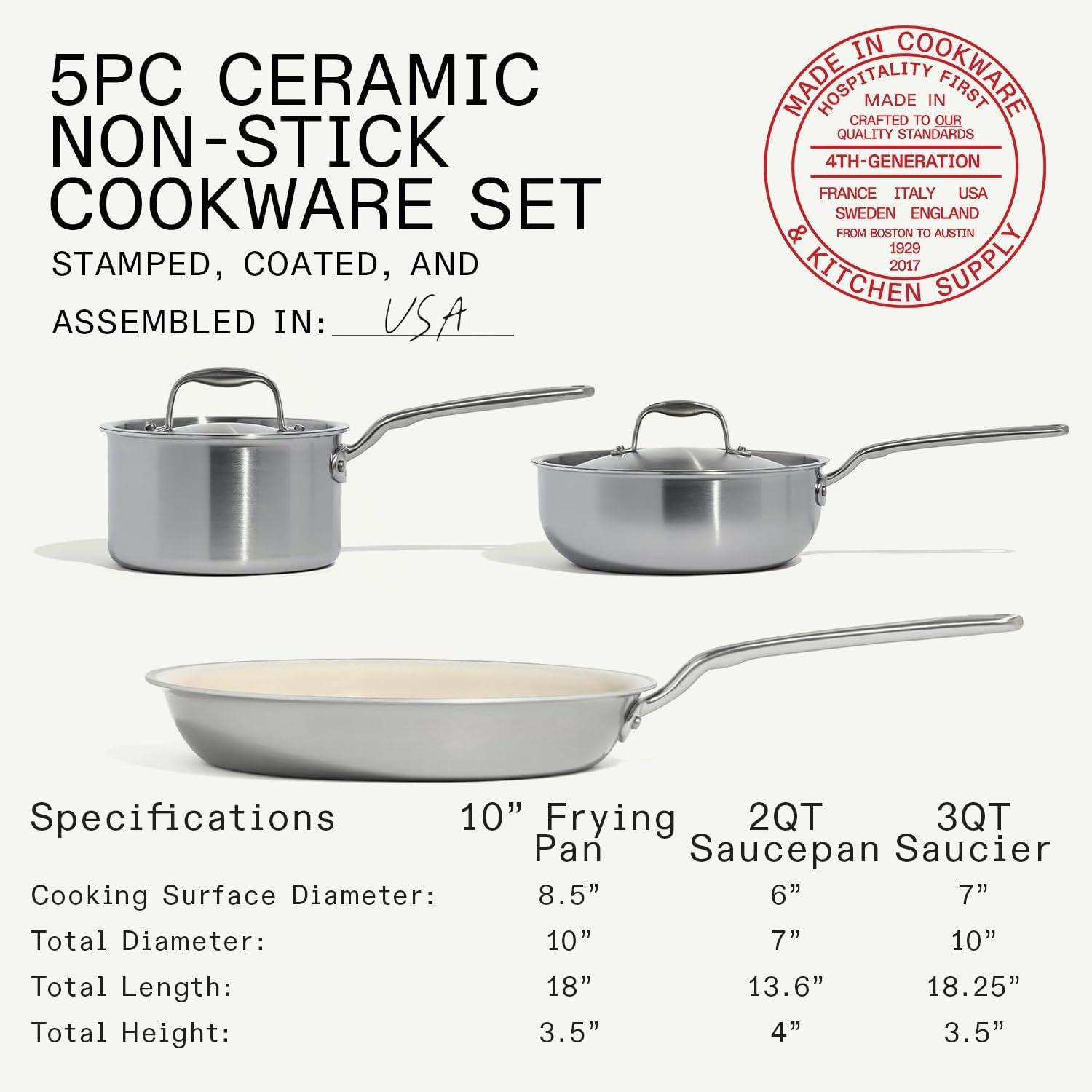 image:imageMade In Cookware 5 Pc Ceramic Non Stick Cookware Set 5 Ply Clad Includes Ceramic Non Stick Frying Pan Saucepan and Saucier with Lid Professional Cookware