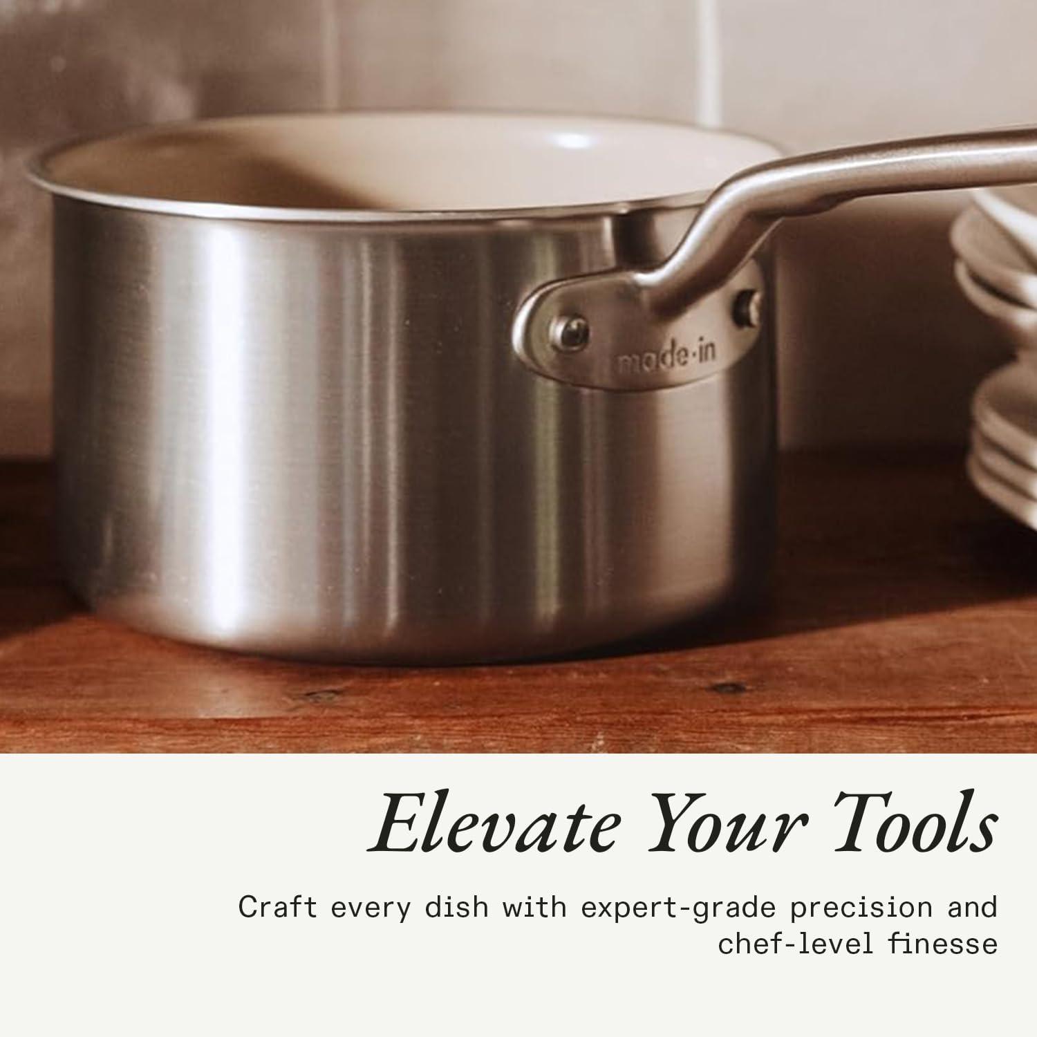 image:imageMade In Cookware 5 Pc Ceramic Non Stick Cookware Set 5 Ply Clad Includes Ceramic Non Stick Frying Pan Saucepan and Saucier with Lid Professional Cookware