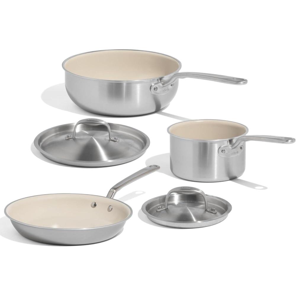image:imageMade In Cookware 5 Pc Ceramic Non Stick Cookware Set 5 Ply Clad Includes Ceramic Non Stick Frying Pan Saucepan and Saucier with Lid Professional Cookware